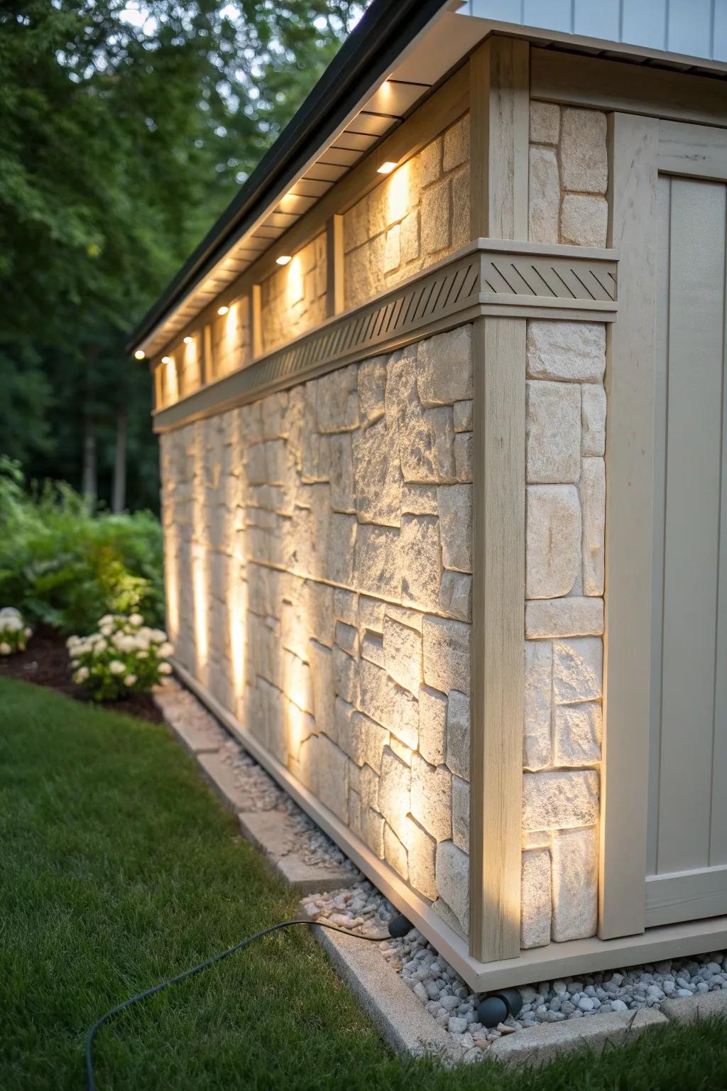 Elevate your shed's charm with the timeless elegance of faux stone skirting.