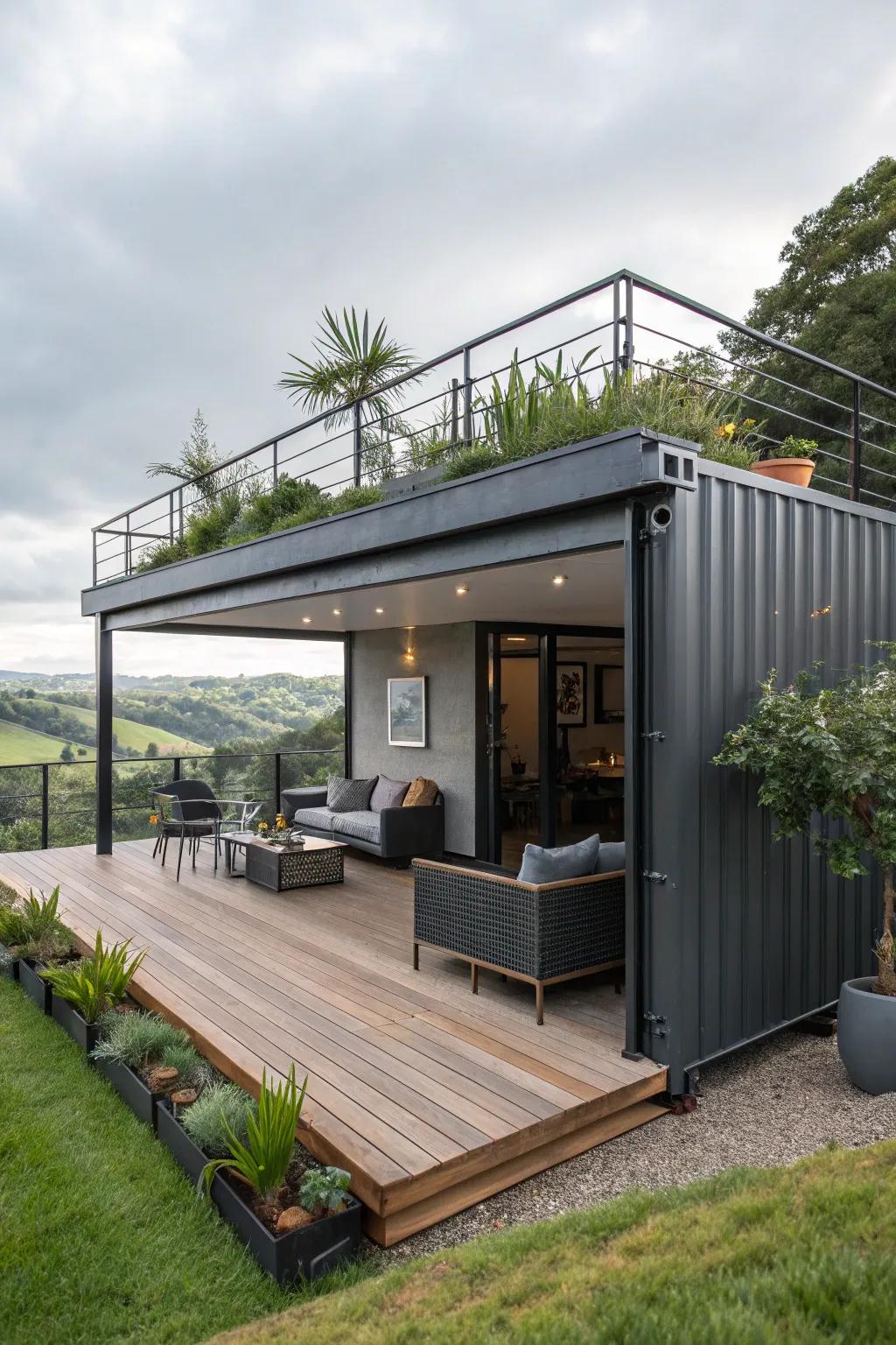 Elevate your space with a rooftop oasis on your container garage.