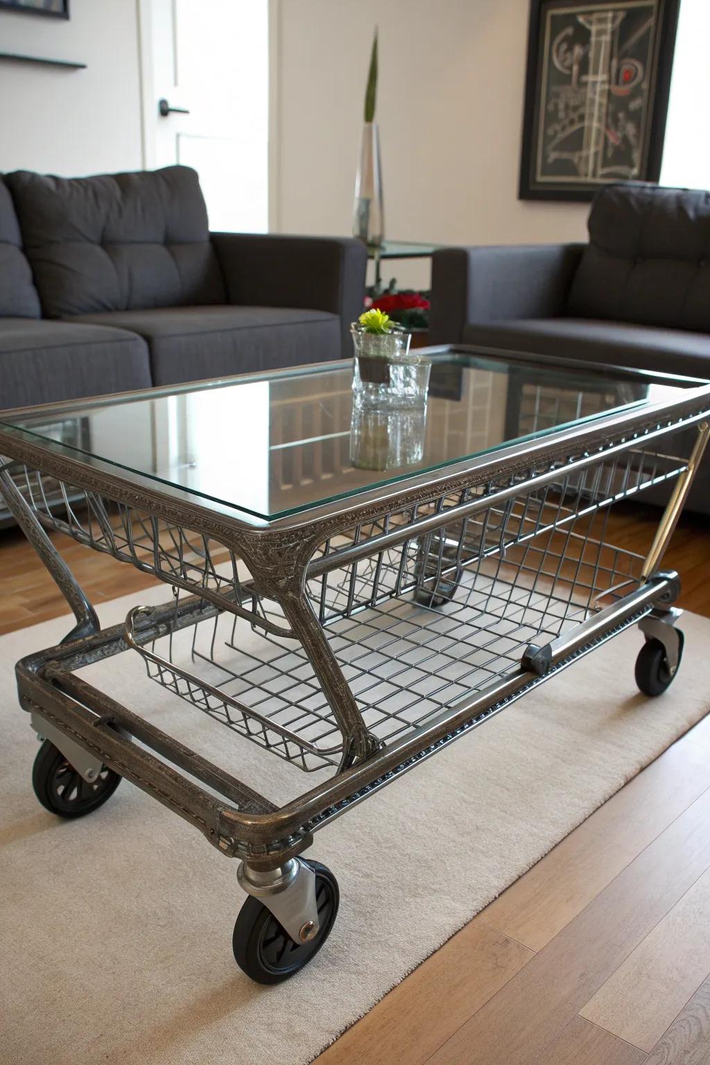 Transform the ordinary into extraordinary with a shopping cart coffee table centerpiece.