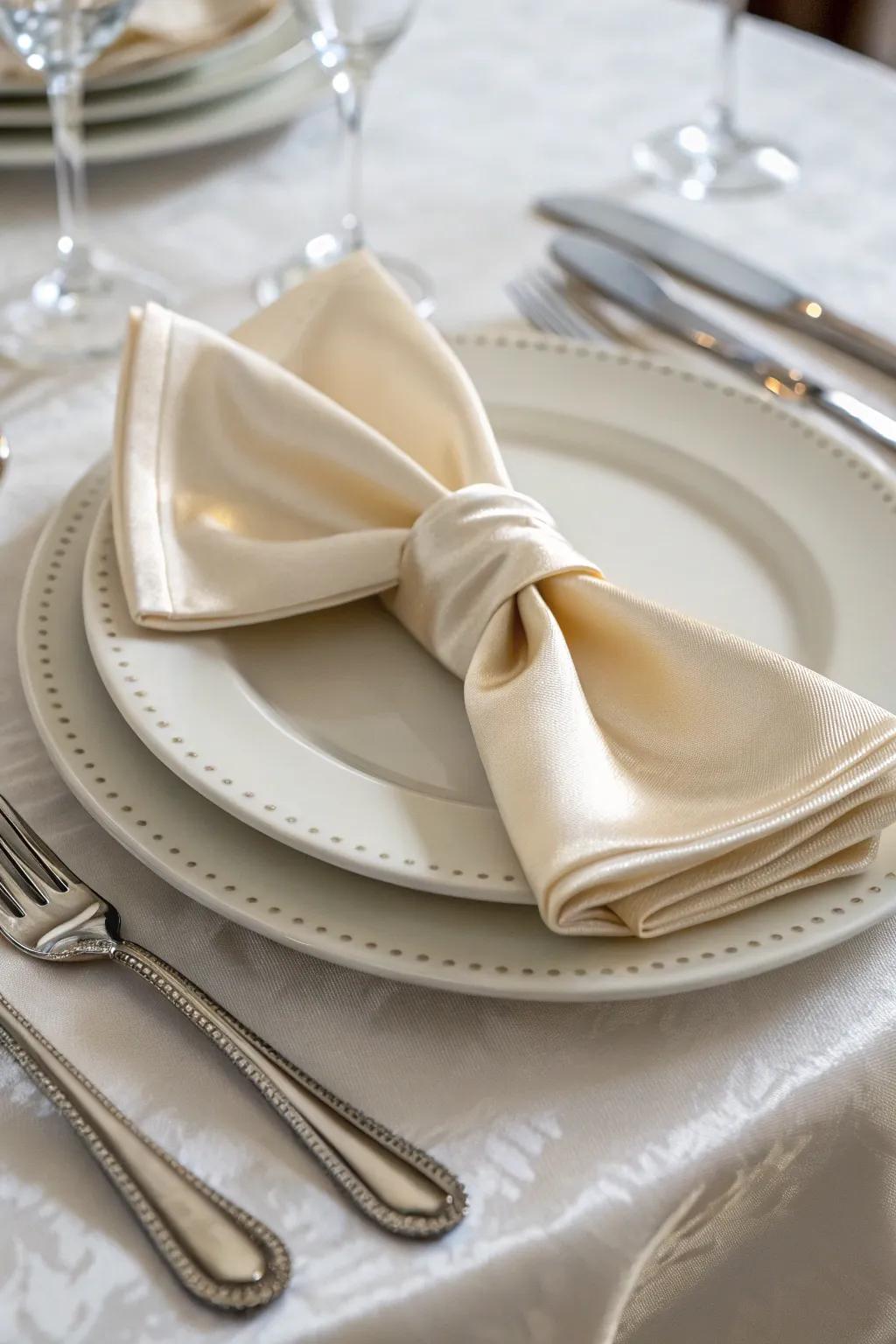 A silk napkin folded into a whimsical bow tie, perfect for adding charm to your table.