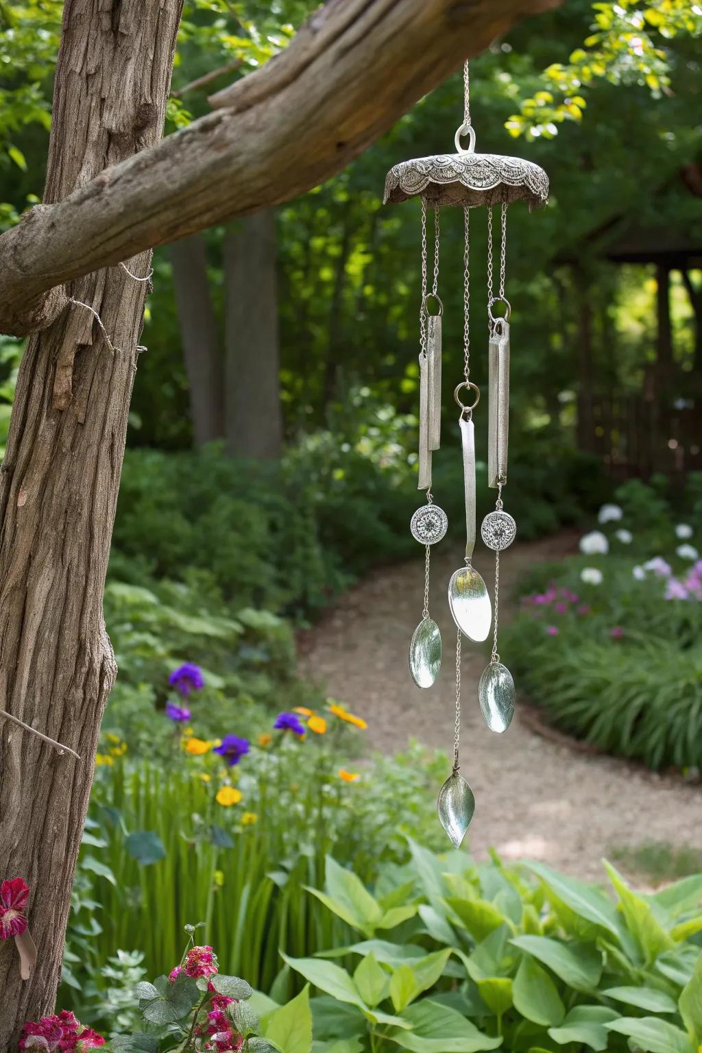 Driftwood and silverware complement each other in this garden setting.