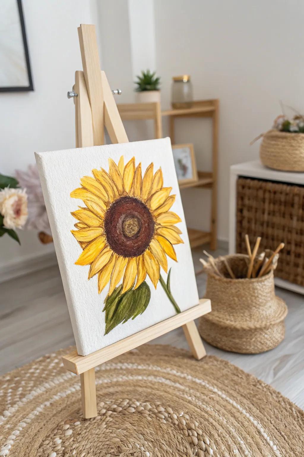 Bring a touch of sunshine to your space with this minimalist sunflower painting, perfect for adding warmth to any room.