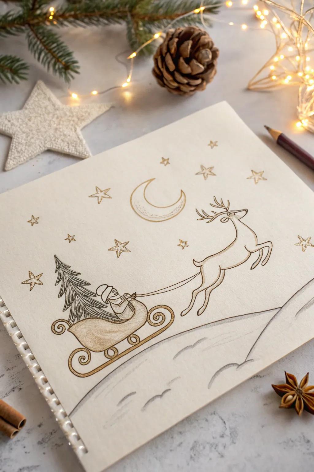 Capture the magic of Christmas Eve with a minimalist sketch of Santa’s Sleigh in action. 🎅✨