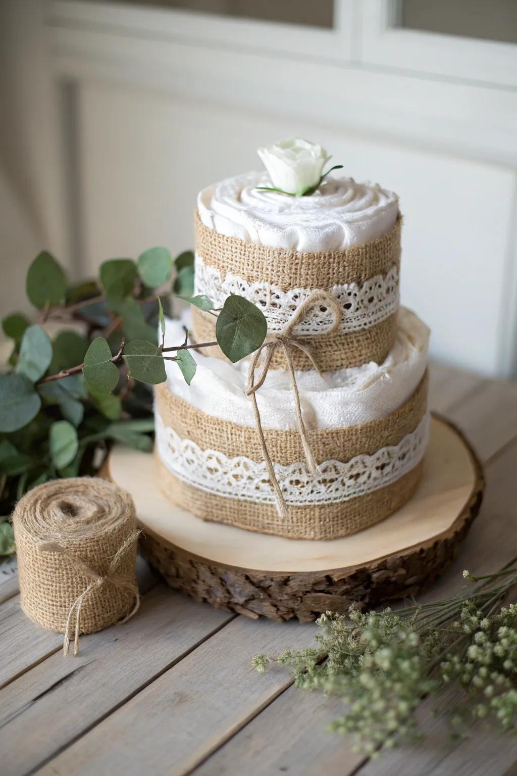 Embrace the rustic charm with this elegant burlap-wrapped diaper cake, perfect for a garden-themed celebration.