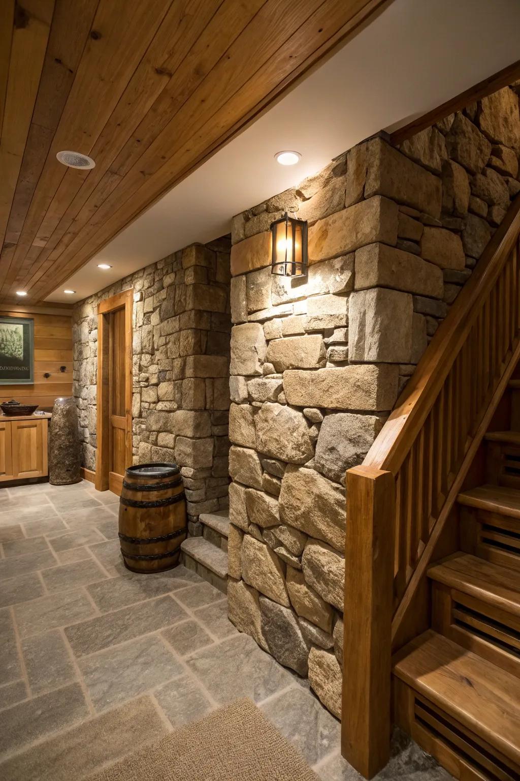 Add depth with varied textures in your basement design.