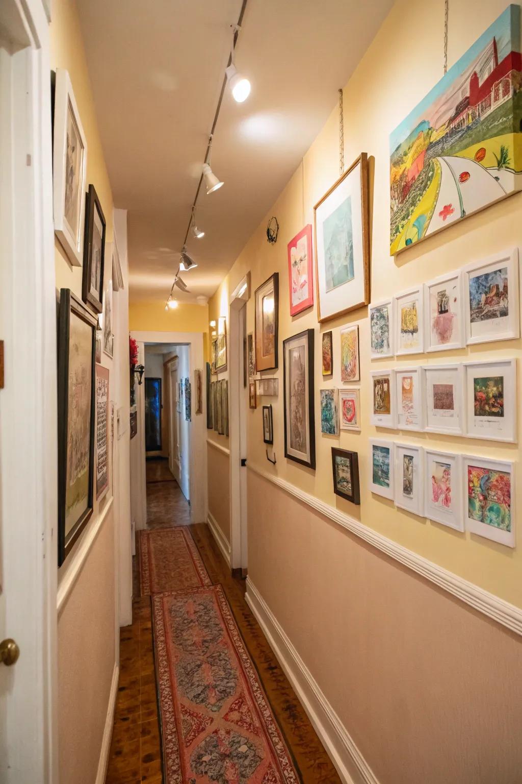 Artwork brings life and color to a narrow hall.
