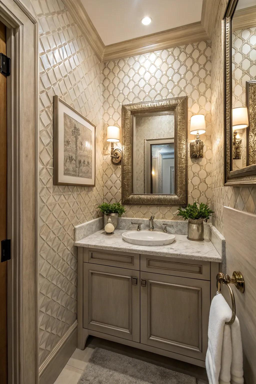 Textured tiles provide depth and sophistication.