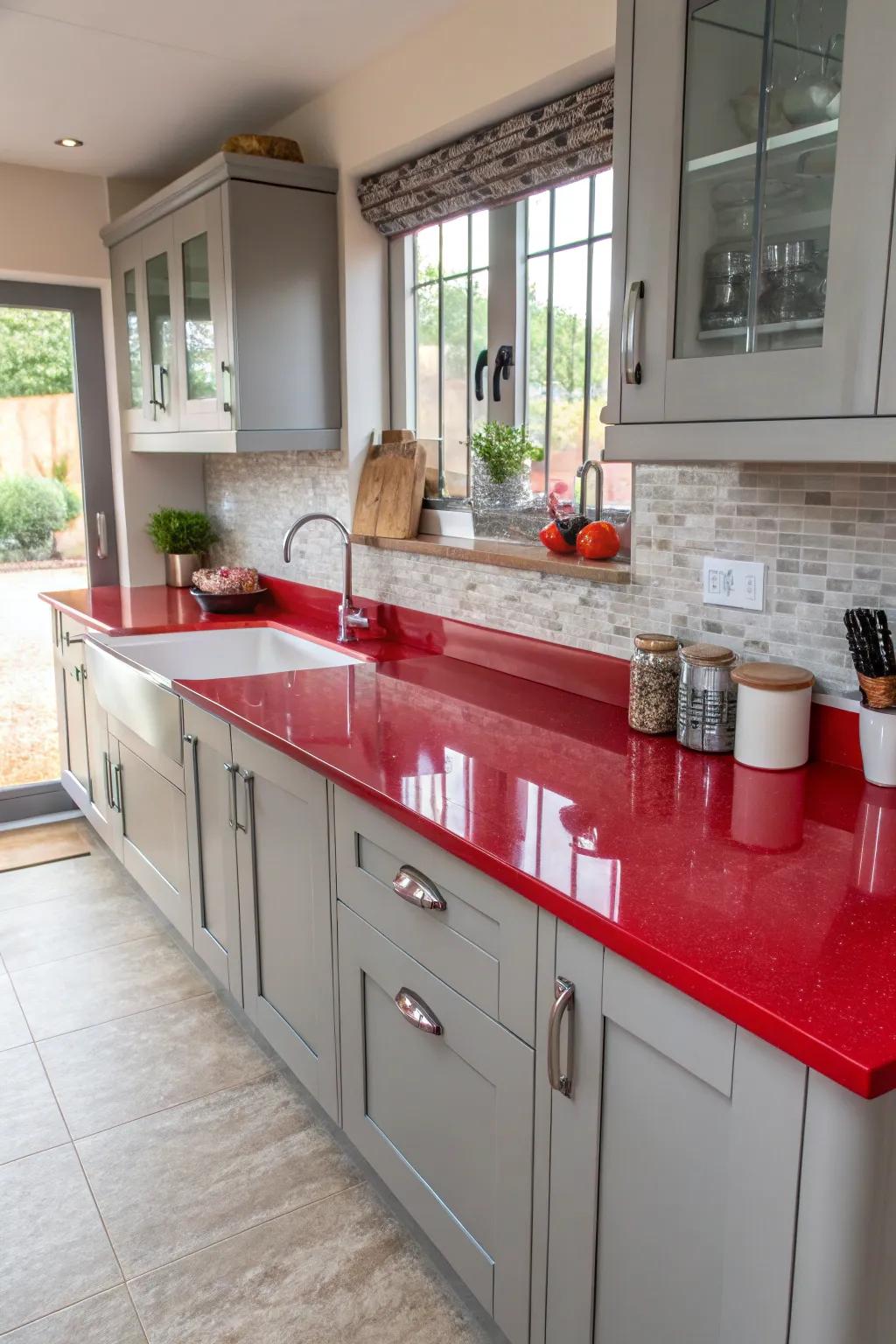 Bold red countertop paired with grey cabinetry for a modern look.