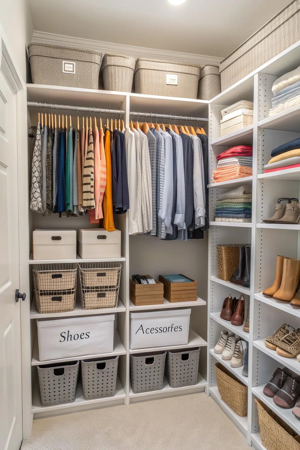 An efficiently organized closet with shelves and baskets.