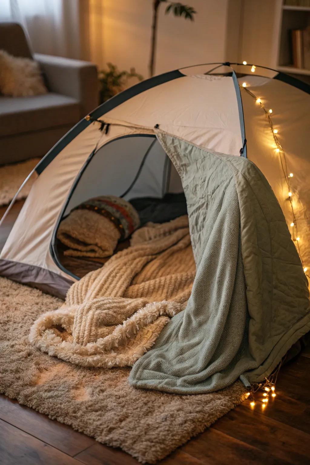 Cozy tent setup with a soft rug and blanket.