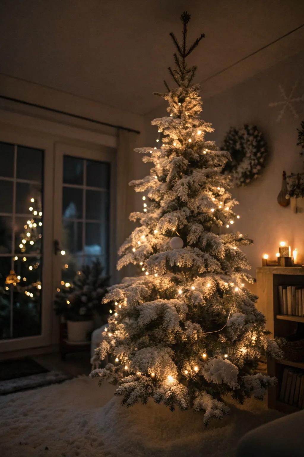 Twinkling lights casting a warm glow on a snowy Christmas tree.