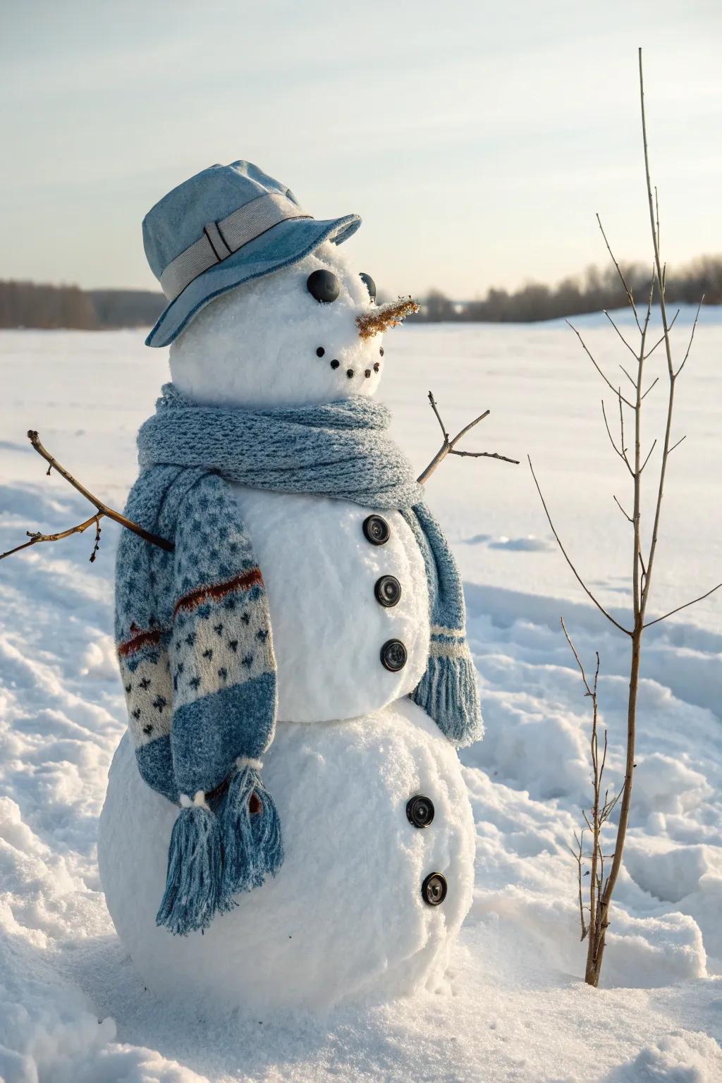 Embrace winter chic with a color-coordinated snowman that matches your home's palette. Discover the beauty of simplicity and craftsmanship in shades of blue.