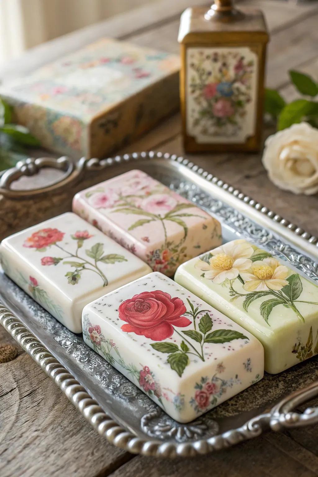 Elegant soaps with decoupage floral patterns, perfect for a vintage touch.