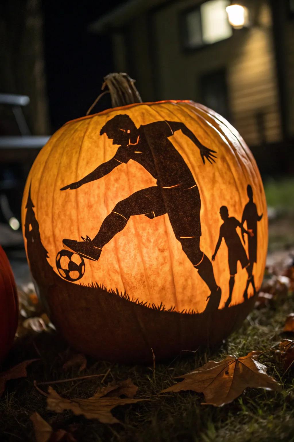 Ignite your Halloween with the thrill of the game: a masterfully carved soccer player in action!