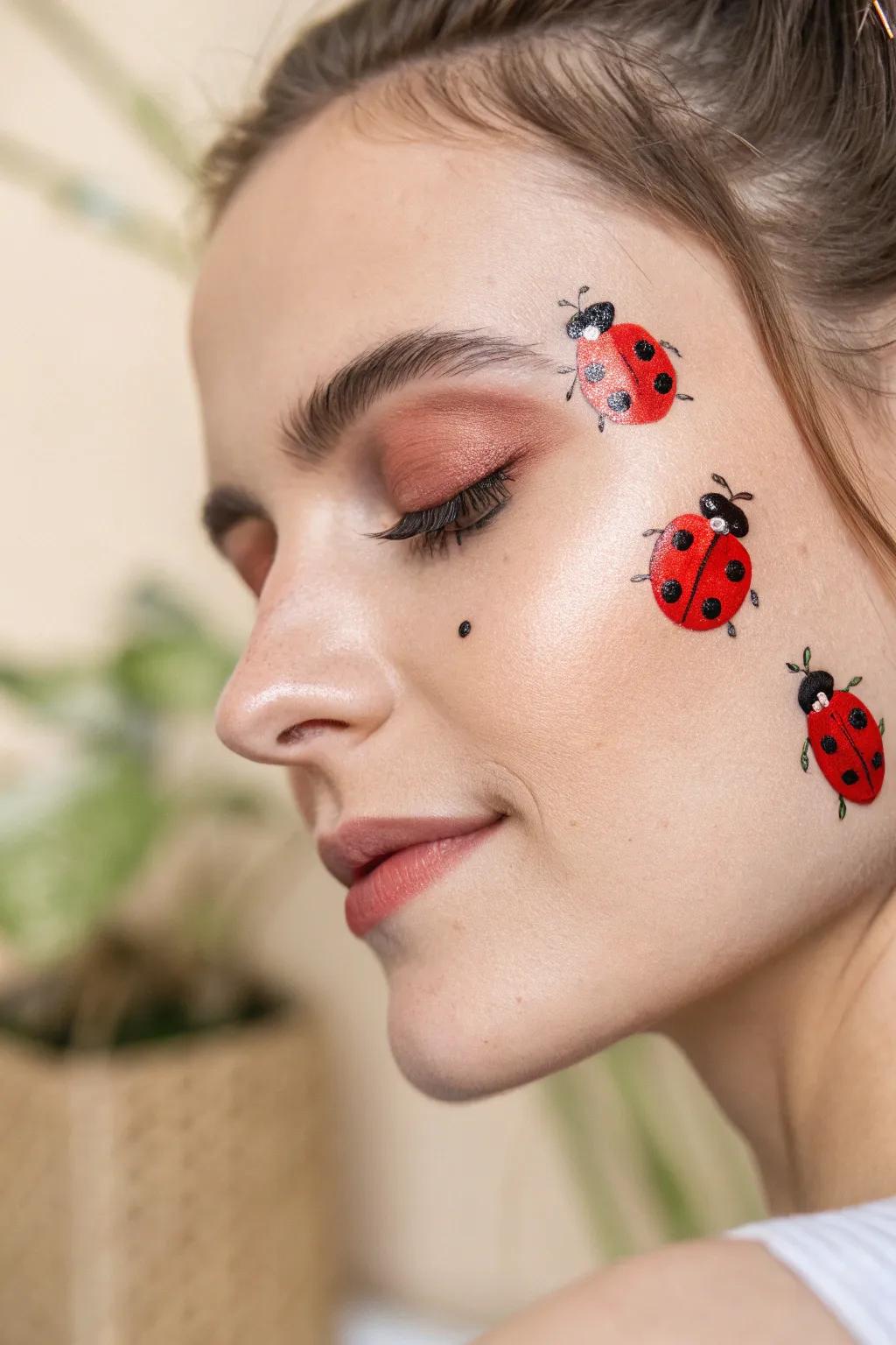 Embrace the charm of spring with whimsical ladybug face art that adds a playful pop of color.