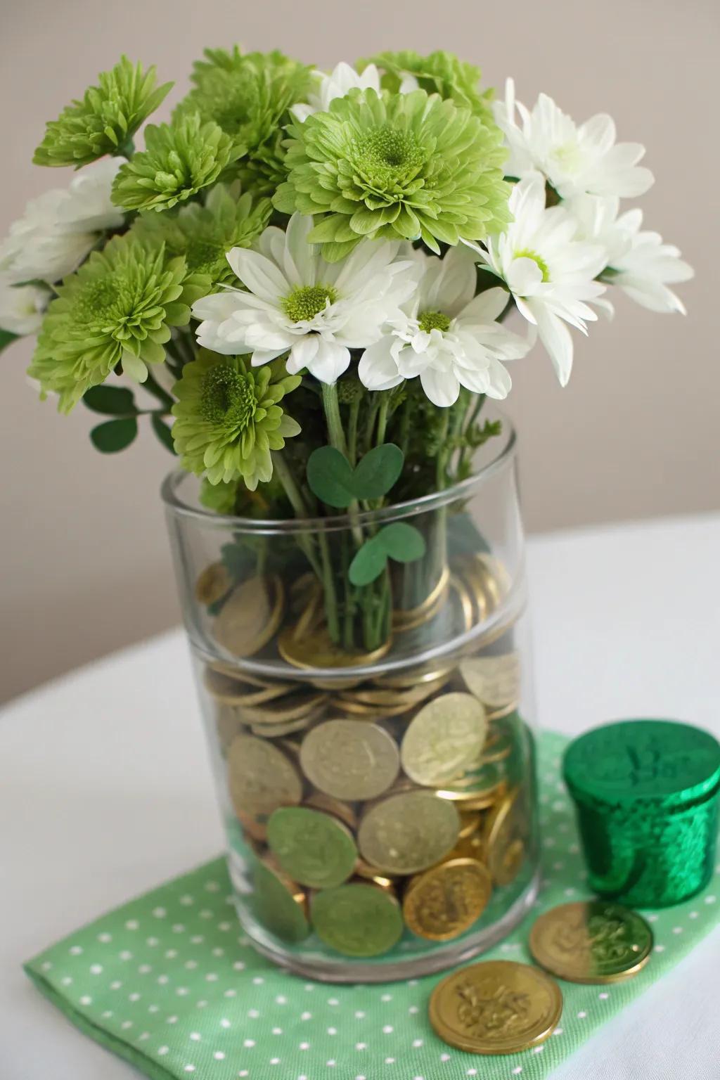 A gold coin vase adds a touch of sparkle to your festivities.