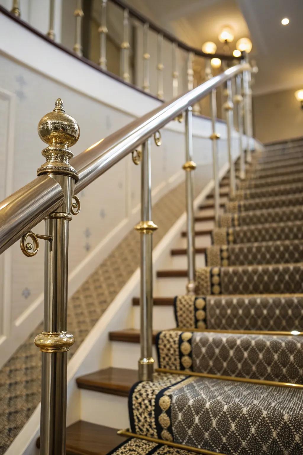 Metallic stair rods add elegance and secure the carpet runner effectively.