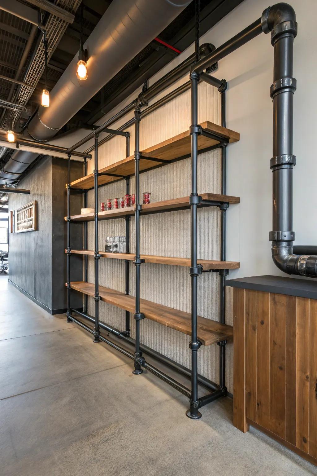 Industrial piping adds a rugged elegance to this steampunk-themed room.