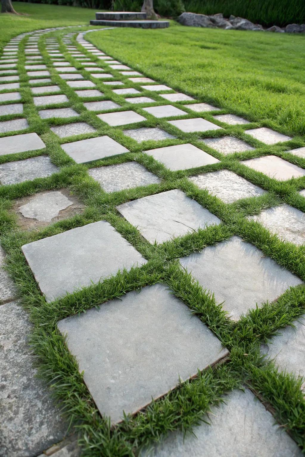 Embrace the blend of structure and nature with a grid-patterned stepping stone walkway, where modern design meets natural beauty.