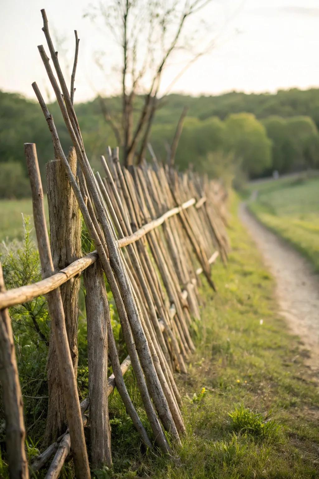 Effortlessly rustic: A leaning stick fence that embodies laid-back craftsmanship.