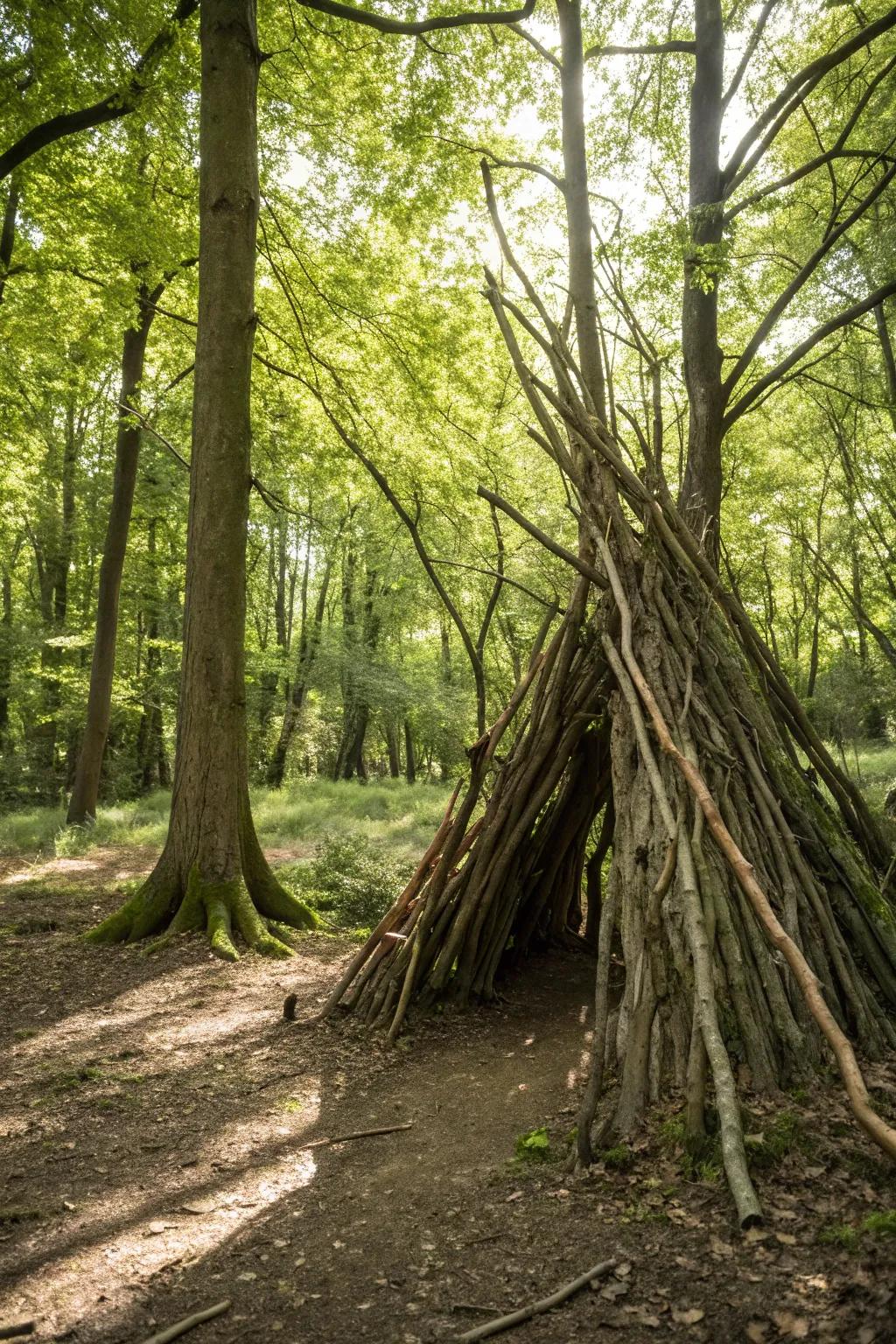 Experience the art of nature with a handcrafted stick fort, where craftsmanship meets the serene beauty of the forest.
