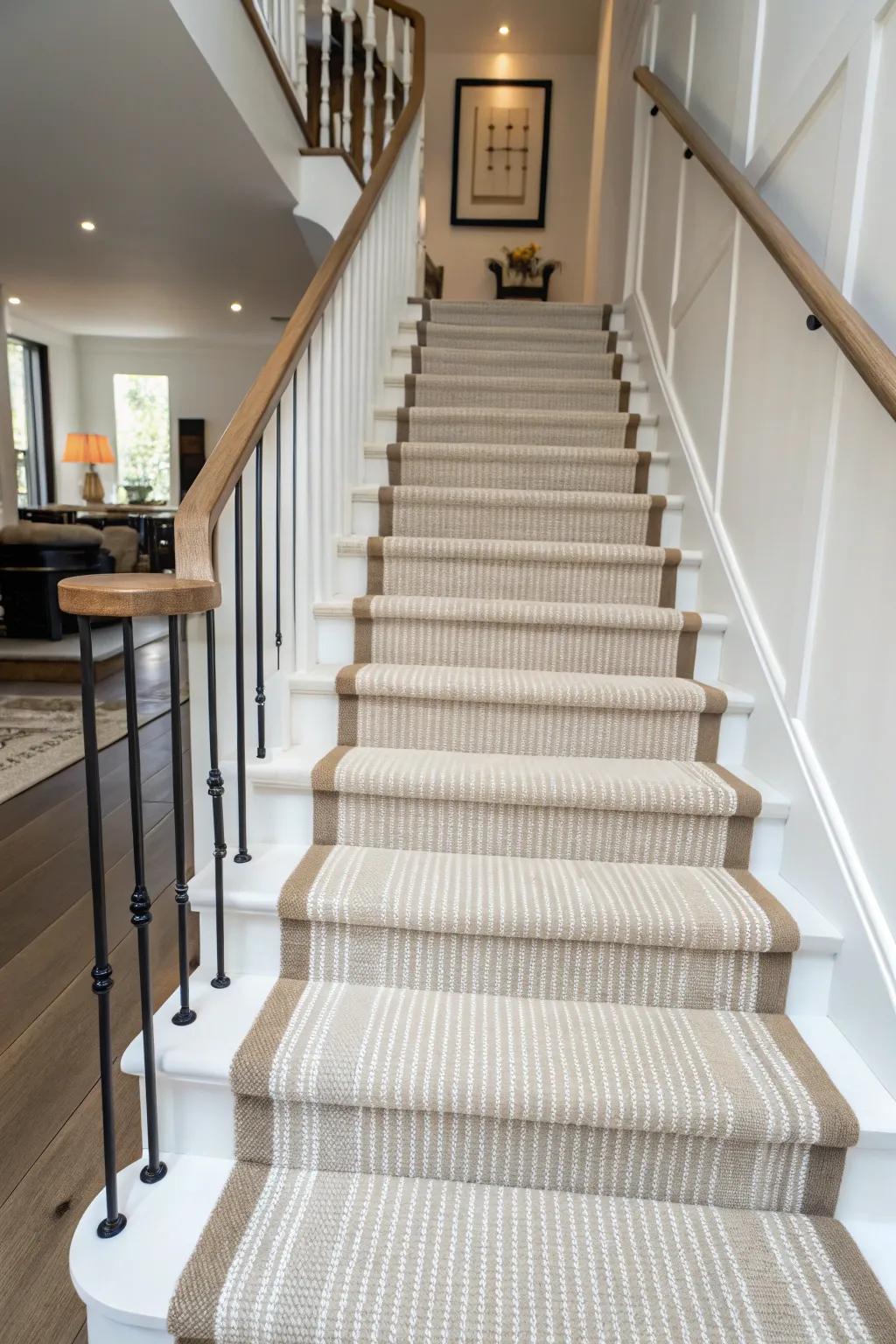 Subtle elegance with a neutral-toned striped runner in a minimalistic setting.