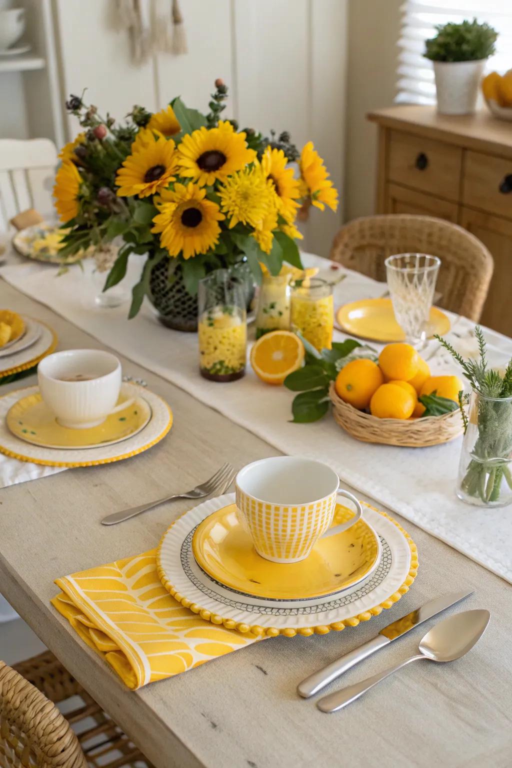 Sunflower centerpieces add a natural sunny charm to the table.
