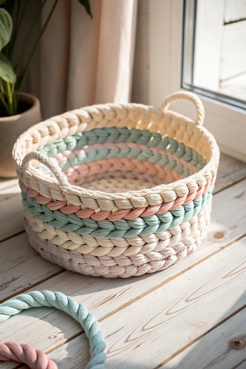 Transform your old tees into a work of art with this chic t-shirt yarn basket. Embrace sustainable living with style!