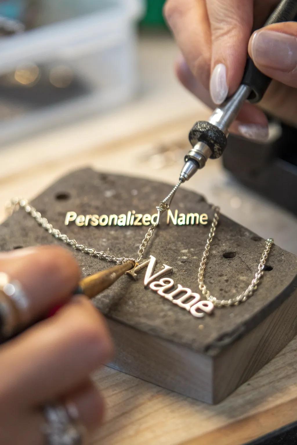 Crafting uniqueness: A masterful blend of skill and personalization in this bespoke name necklace.
