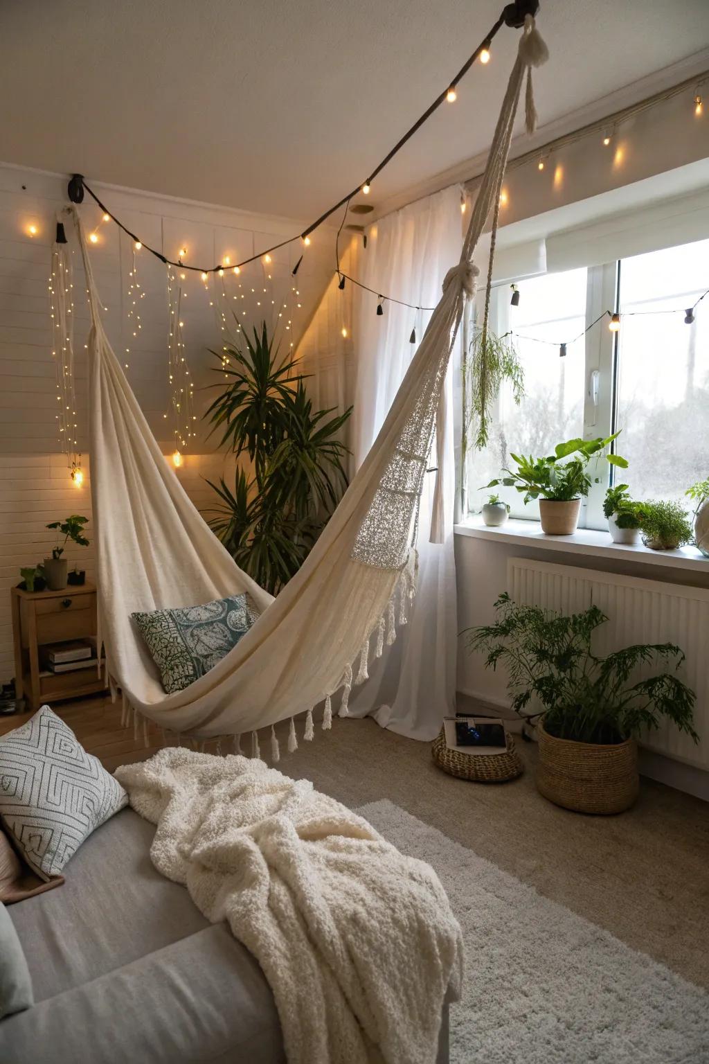 An indoor hammock swing transforms your space into a personal oasis.