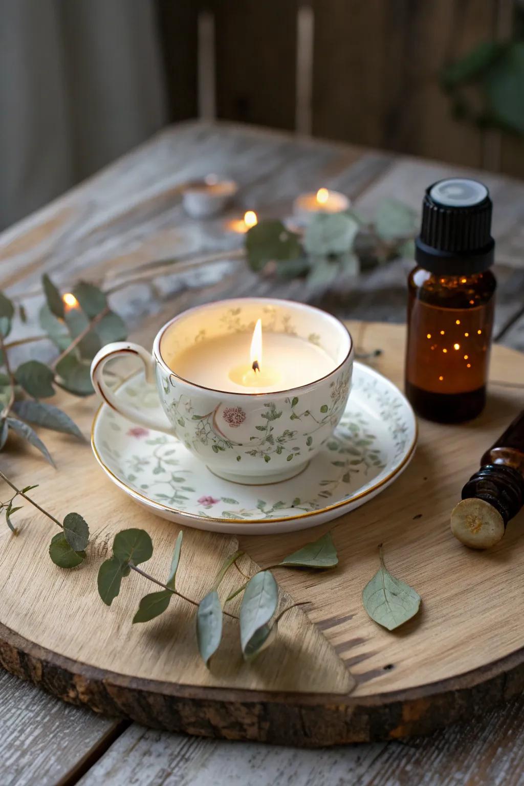 Transform your teacups into enchanting candle holders for a serene, aromatic ambiance.