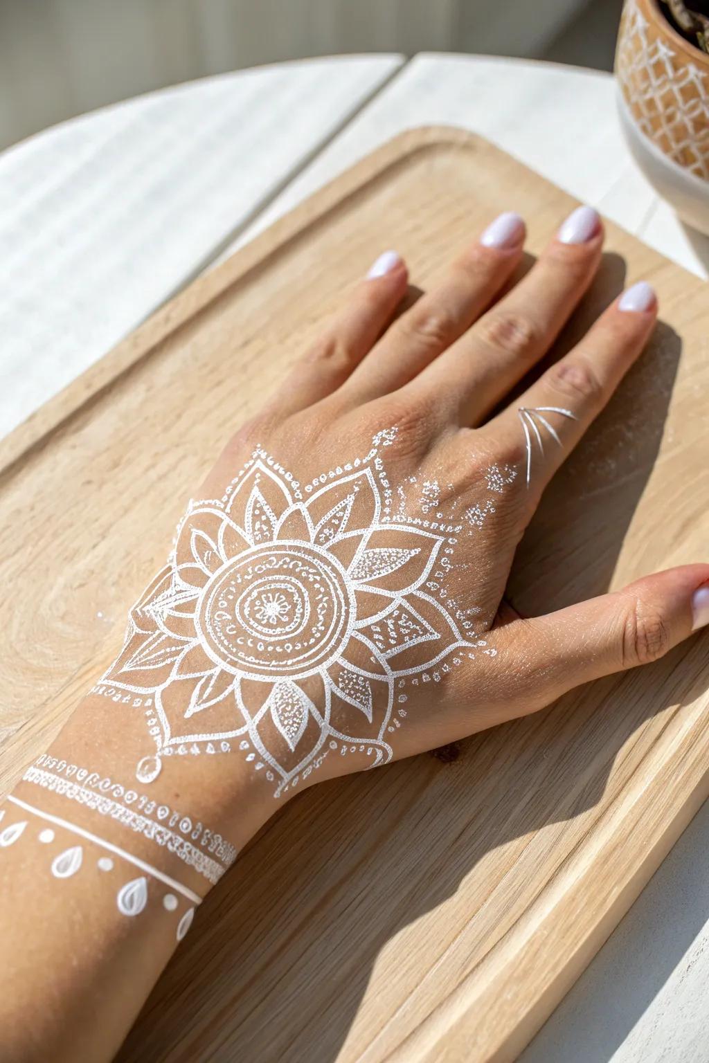 Embrace serenity with a mandala masterpiece on your hand, where simplicity meets artistry.