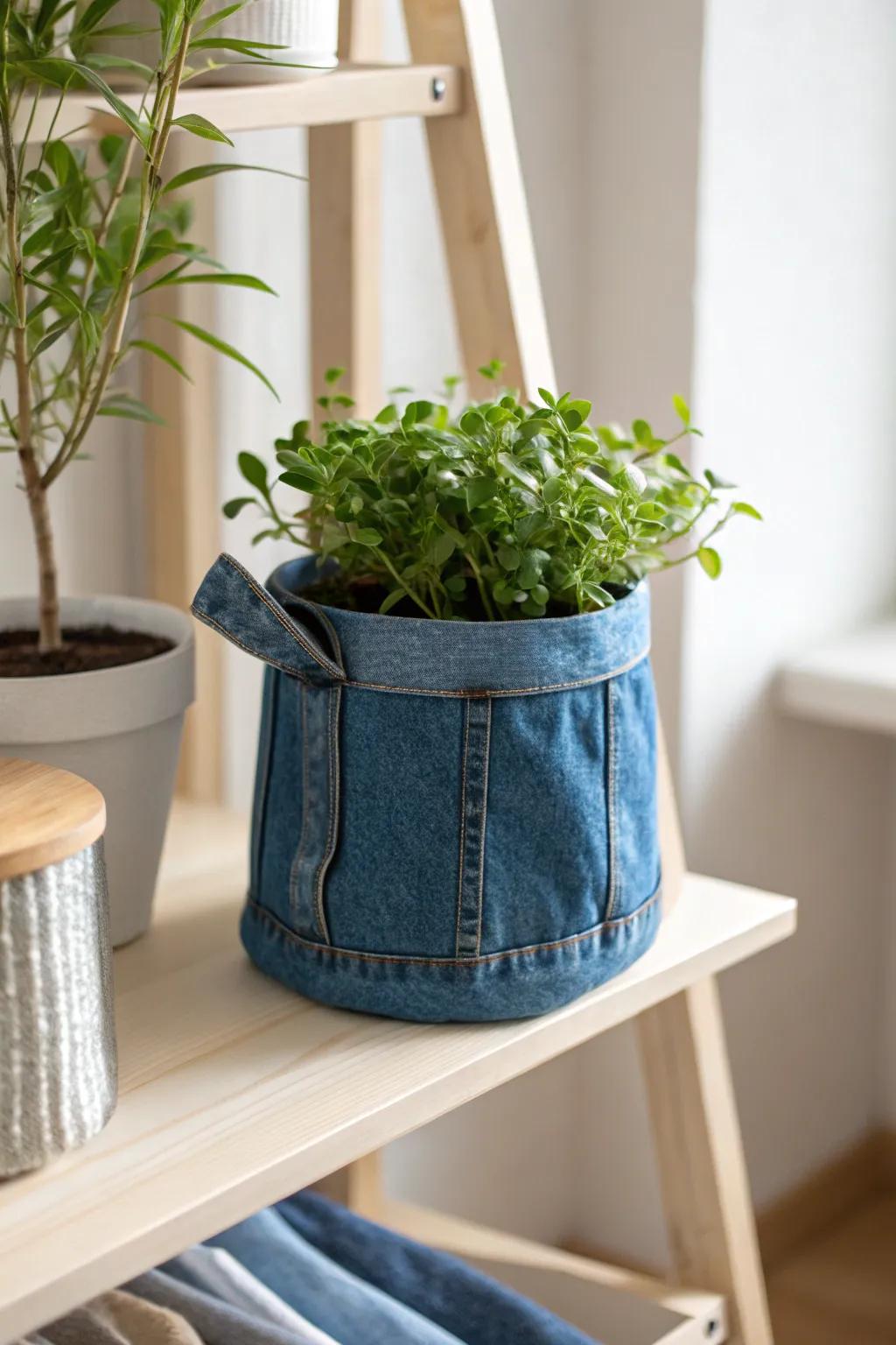 Elevate your plants with chic denim fabric holders—where simplicity meets style.