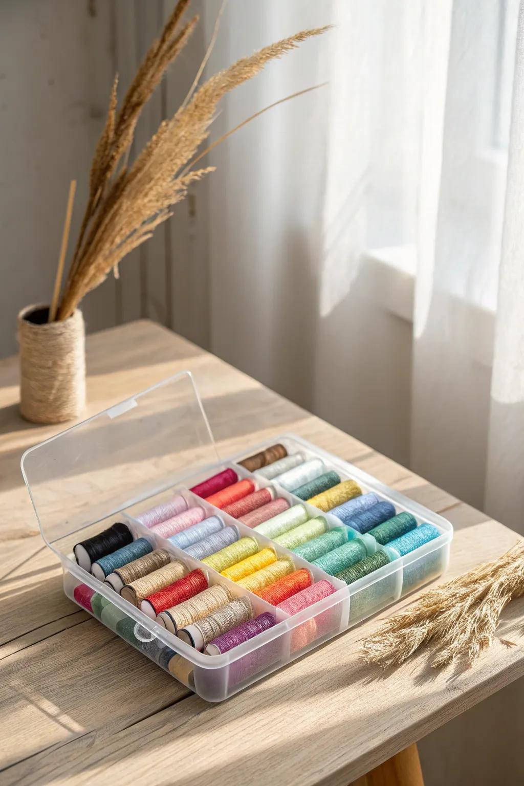Effortless organization meets aesthetic charm with clear storage boxes for your threads. Discover simplicity and color harmony at a glance.