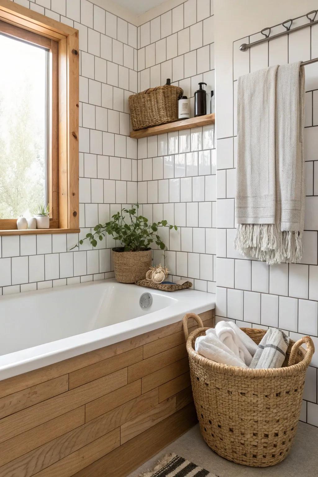 Elevate your bathroom with vertically aligned subway tiles for a chic, modern twist on a classic look. 🛁✨ #ScandinavianDesign #BohoMinimalism