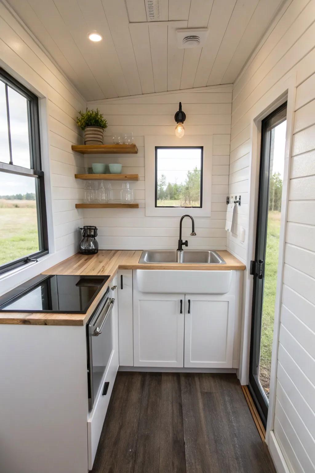 A minimalist tiny house kitchen featuring a sleek wall-mounted sink.