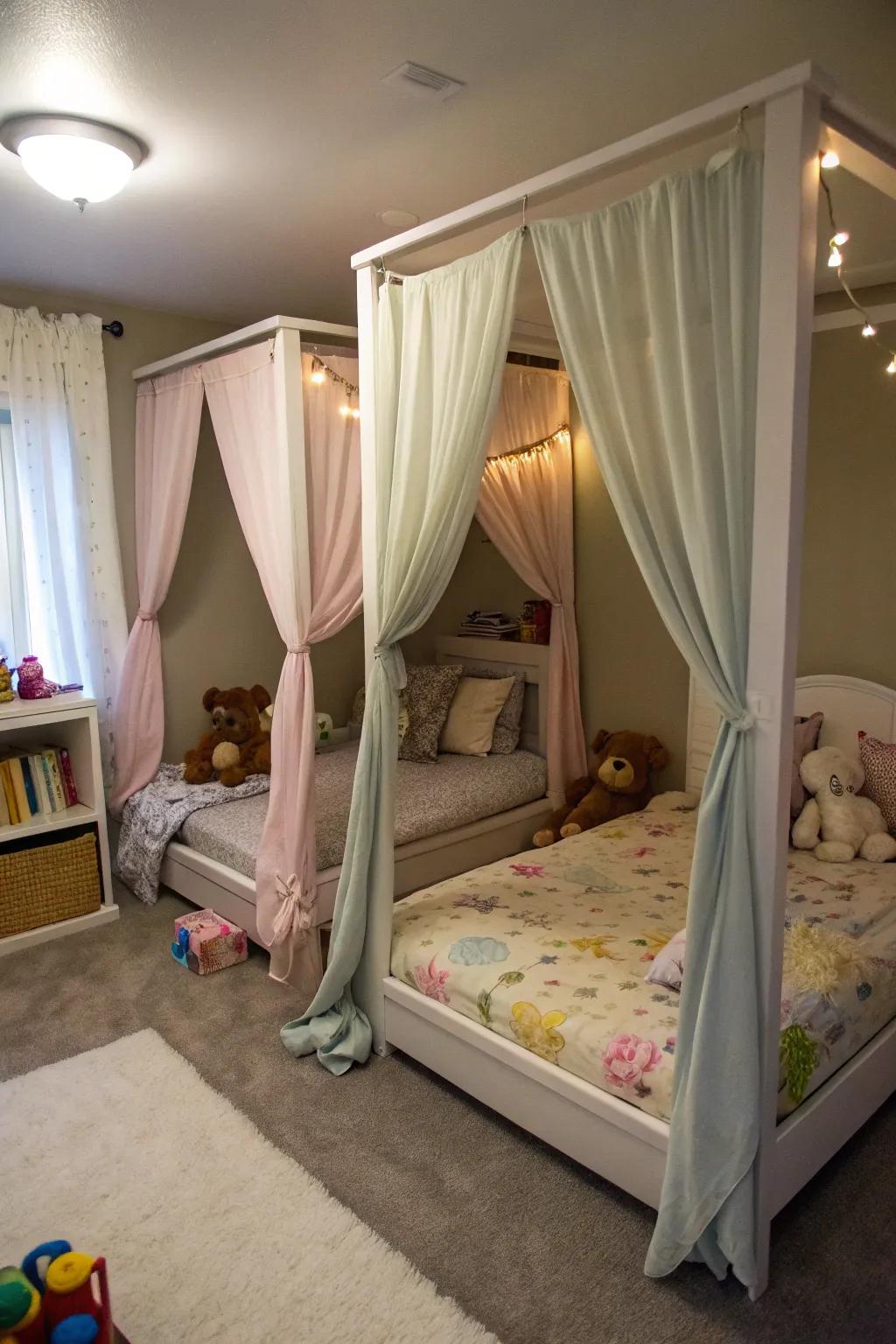 Elegant canopy beds provide a whimsical touch for toddlers.
