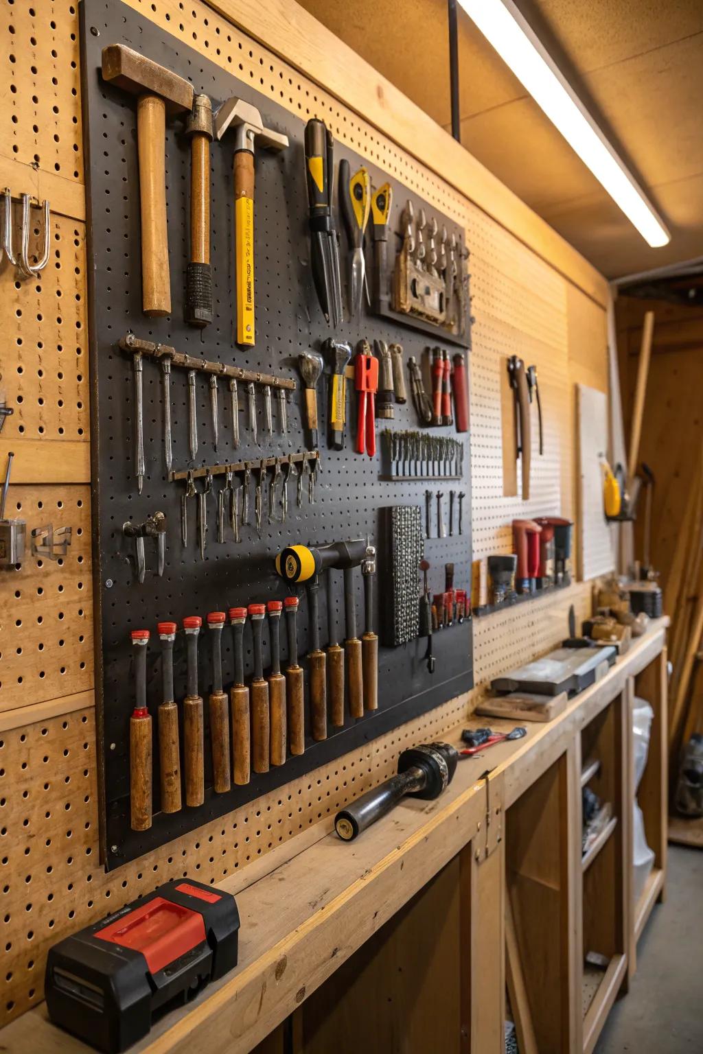 Transform your workshop into a masterpiece with a pegboard toolbox wall—where function meets art.