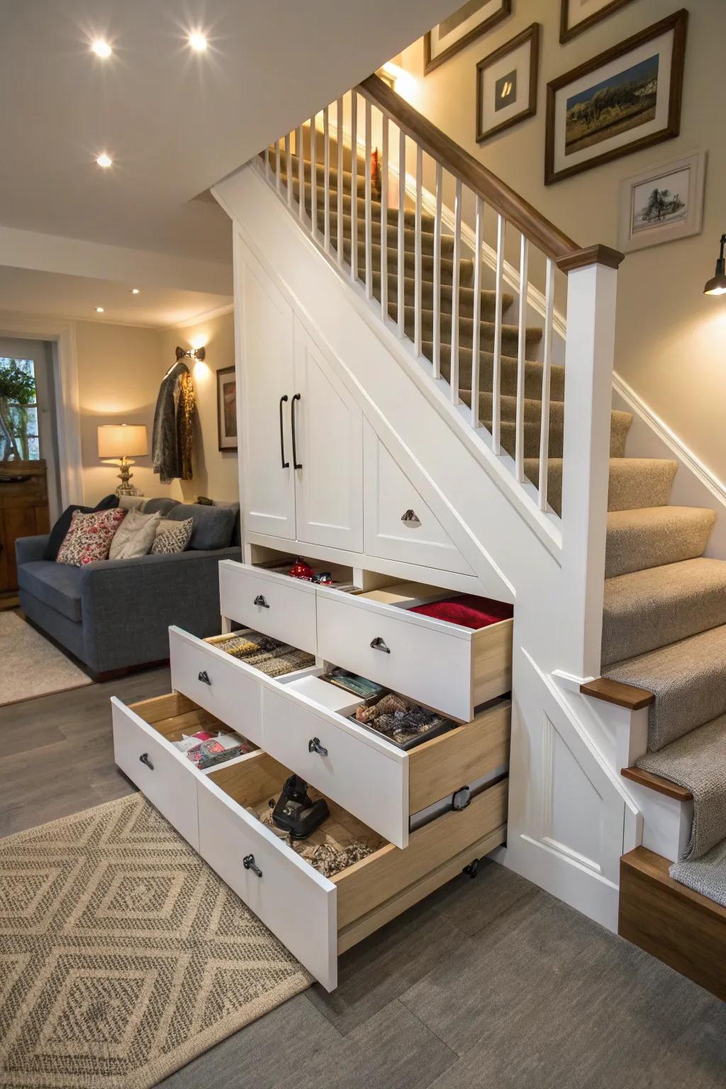 Smart under-stair storage drawers keep clutter at bay.