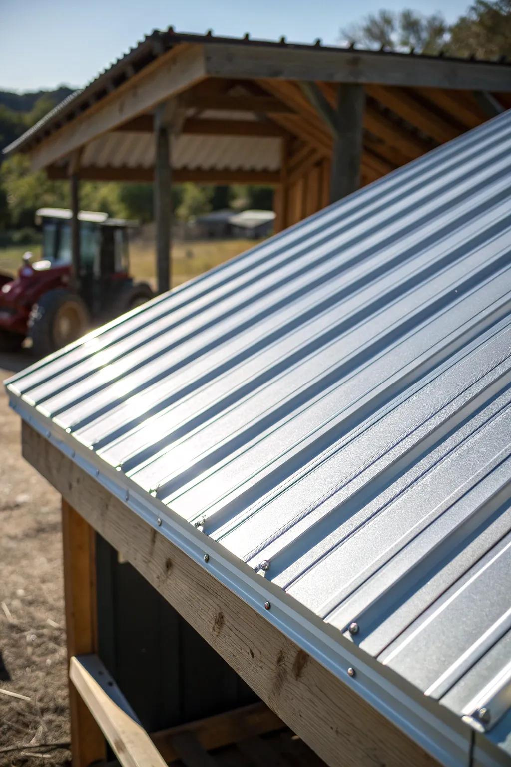Durability Defined: The craftsmanship of a sleek metal roof panel, perfect for weatherproofing your tractor shed.