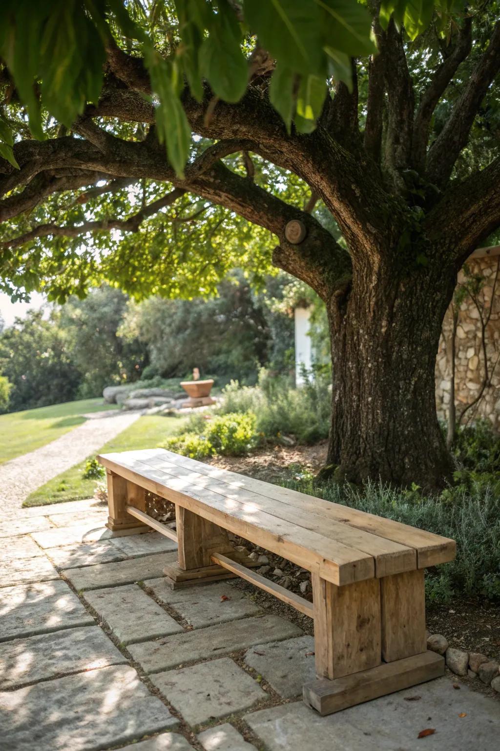 Embrace nature's charm with a rustic wooden bench, crafted from reclaimed wood for a timeless garden retreat.