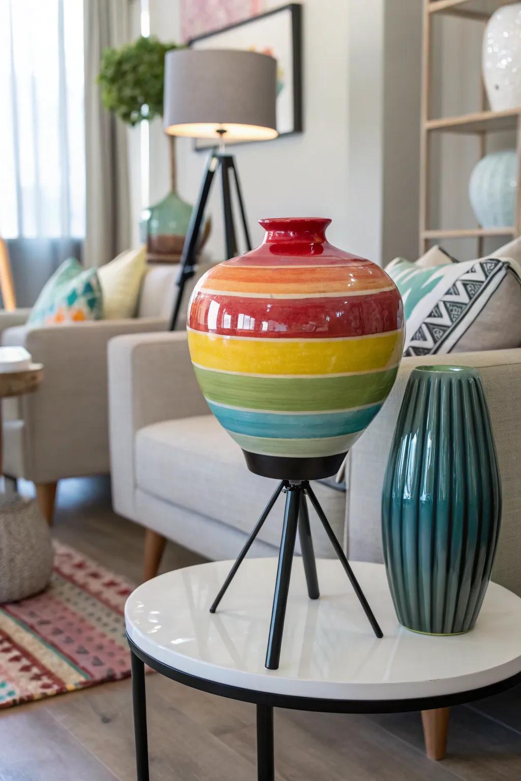 Bright colors in tripod vessels add a playful element to decor.