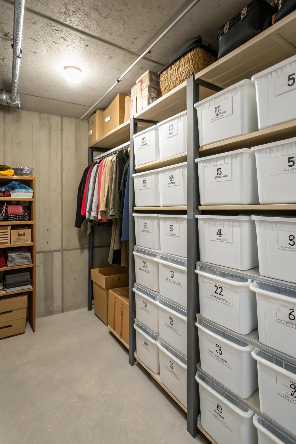Labeled bins keep everything organized and easy to find.
