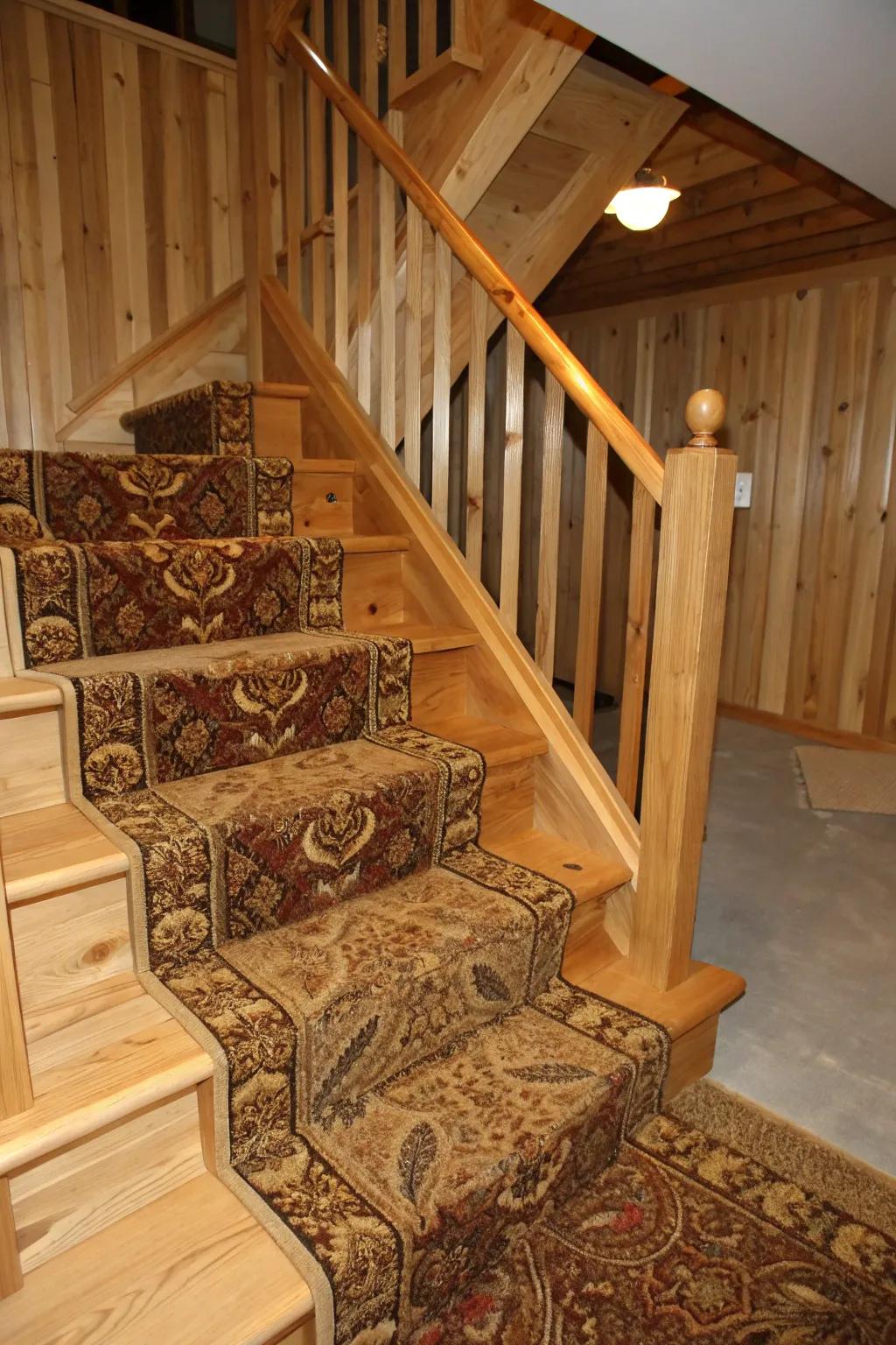 Elevate your basement stairs with a stunning runner that combines comfort, style, and craftsmanship.