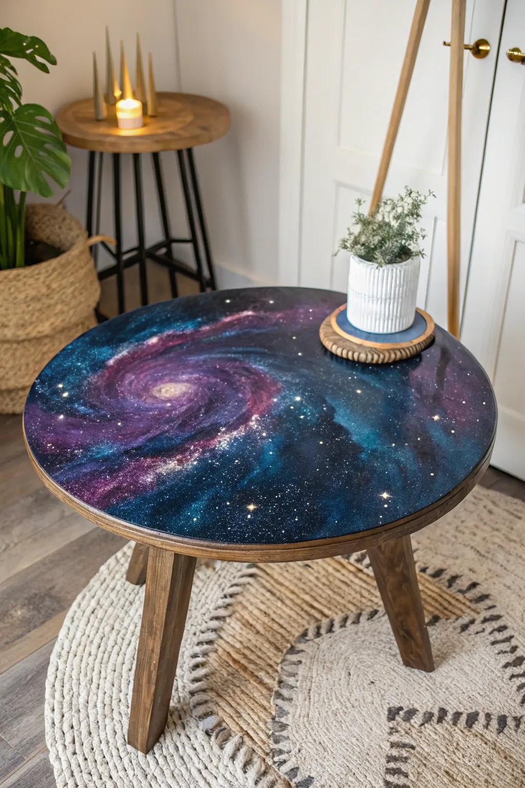 Bring the cosmos into your home with this stunning galaxy epoxy table top, perfect for adding a touch of wonder to minimalist spaces.