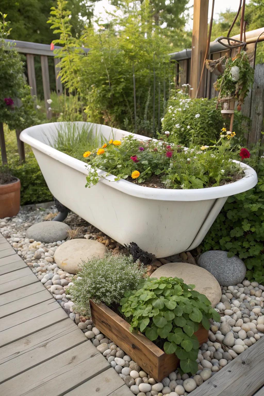 Transform your vintage bathtub into a charming garden centerpiece with a touch of Scandinavian and Boho flair.