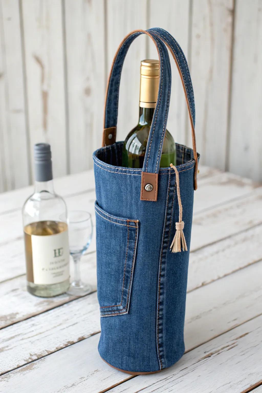 Transform your old jeans into this chic denim wine tote — the perfect blend of style and sustainability!