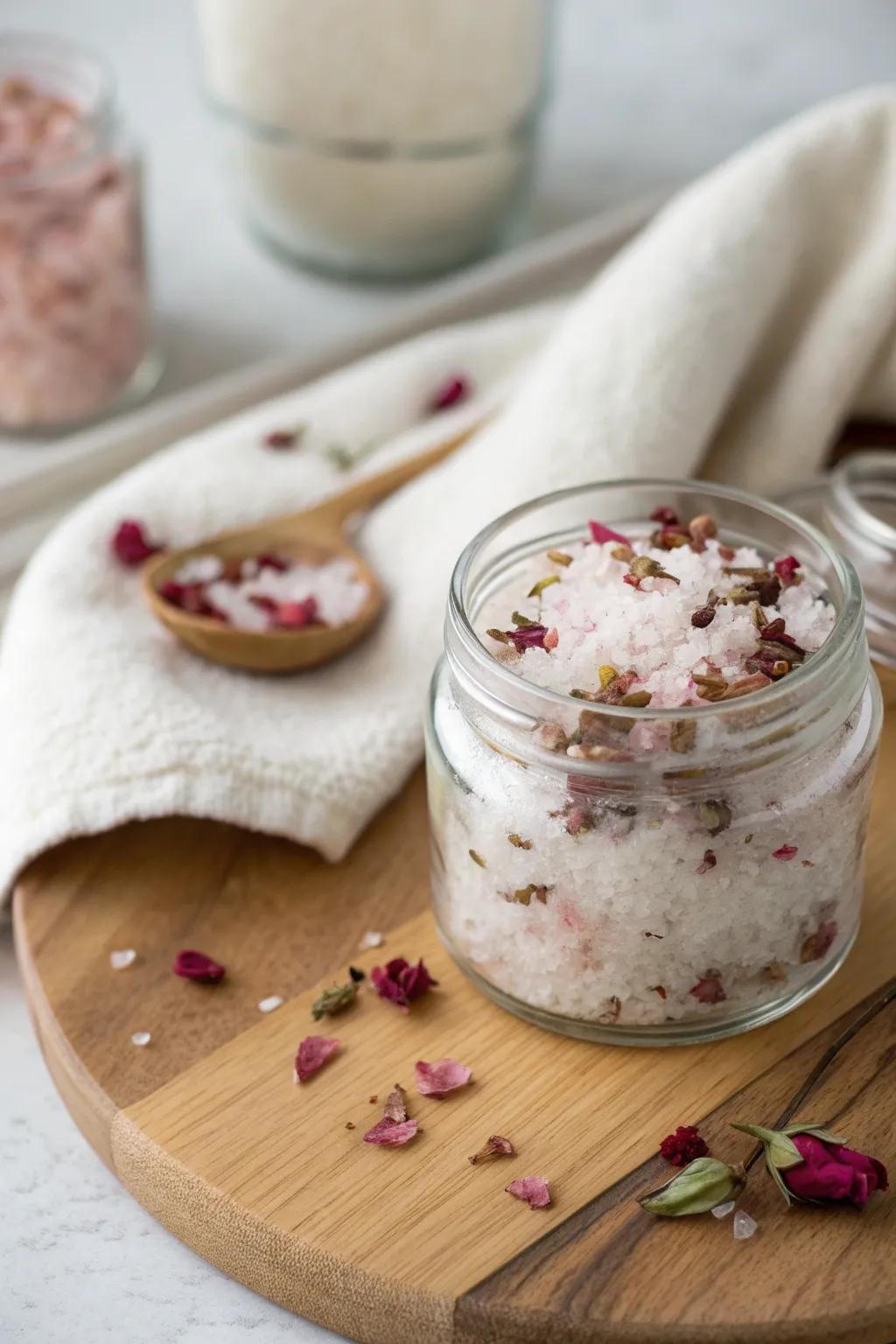 Transform your bath into a serene oasis with handcrafted rose petal bath salts. Embrace simplicity and natural beauty.