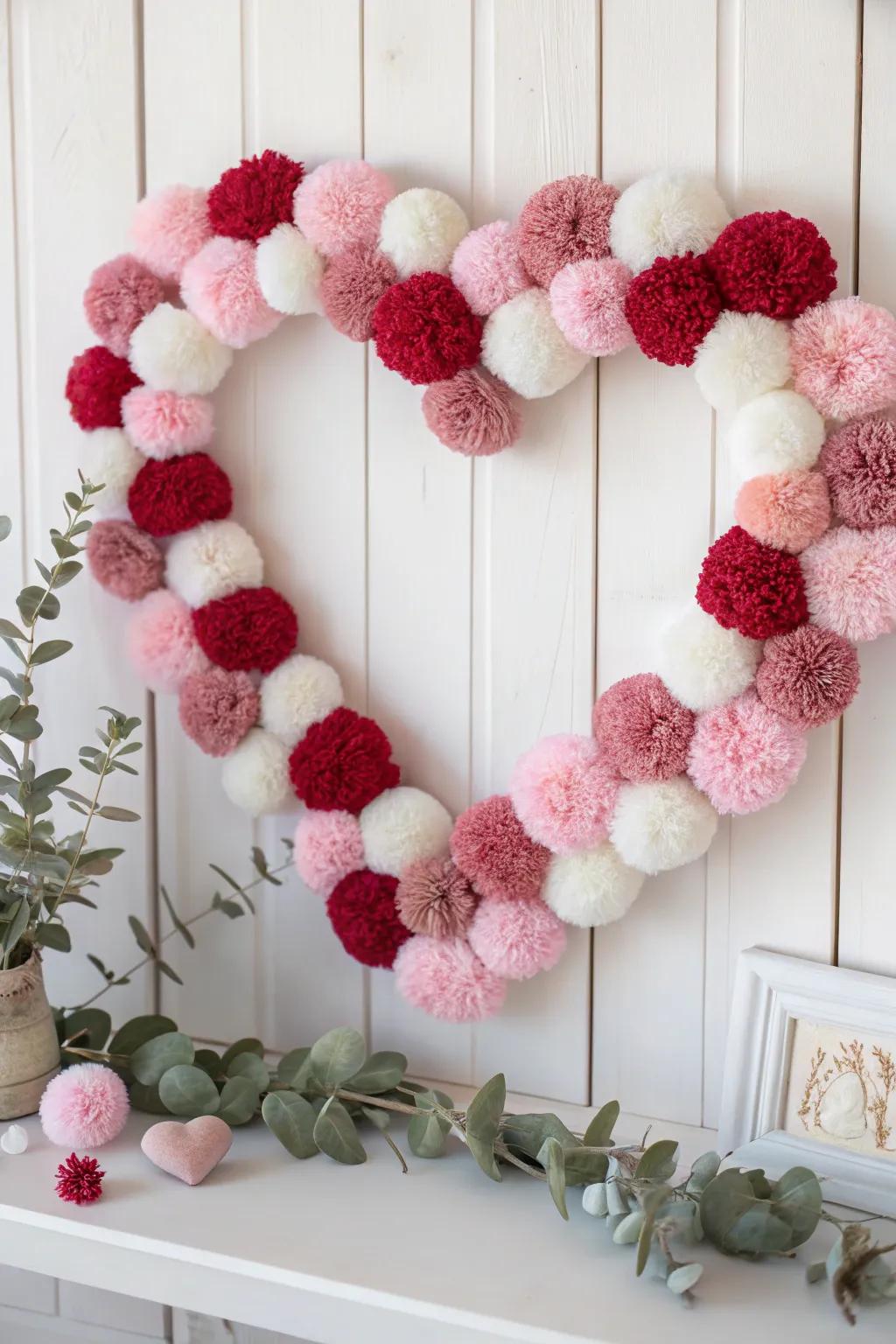 Embrace cozy elegance with a heart-shaped pom pom wreath, perfect for adding a touch of warmth and charm to your Valentine's decor.