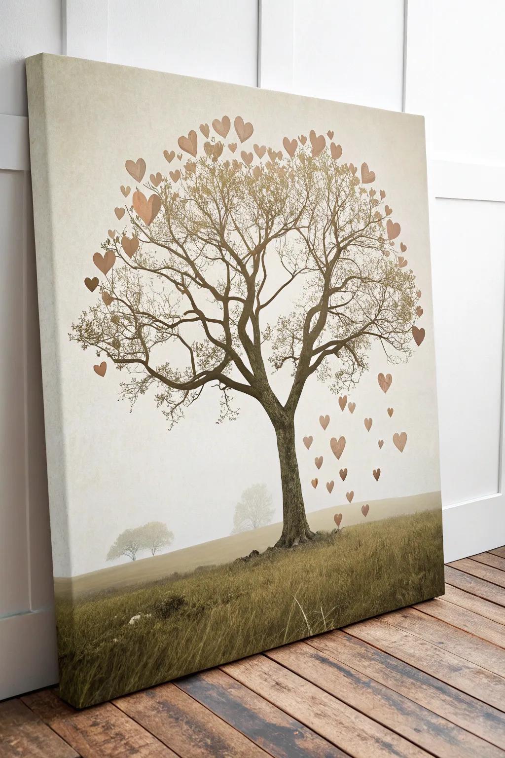 Embrace love and nature with this heart-leaved tree canvas, where simplicity meets soulful artistry.